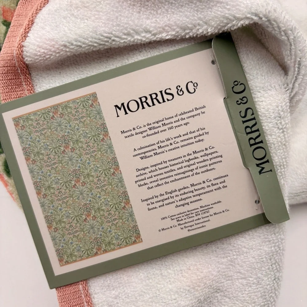 Morris & Co Cotton Velour Bath Towel Floral Botanical Green Coral 30x54 RN119737